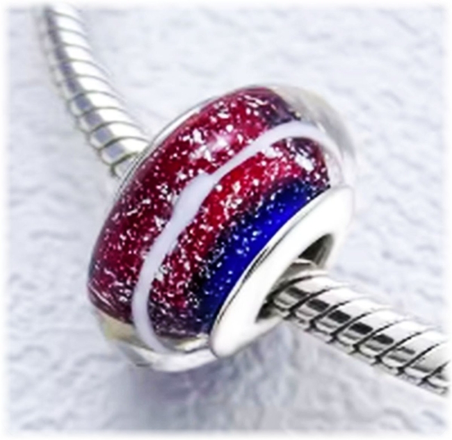 Murano Glas Charm 925er Sterling Silber Streifen in Blau Rot Weiß