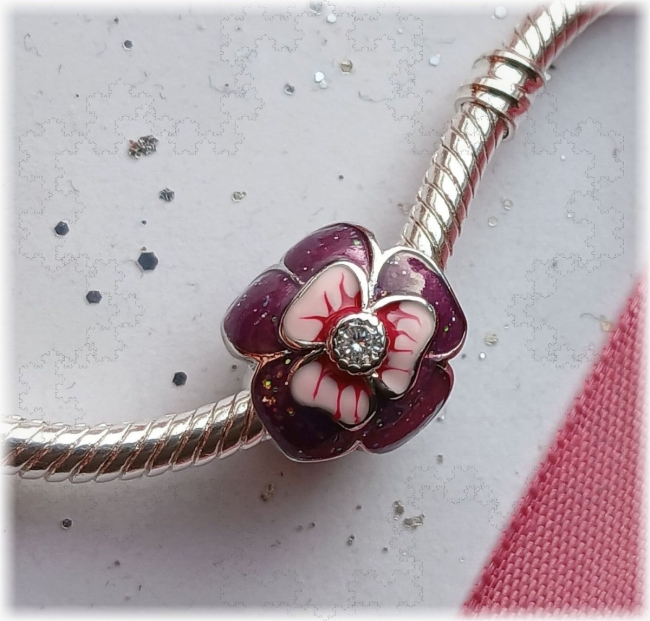 Charm 925er Sterling Silber Blumenperle Veilchen Lila mit Zirkonia