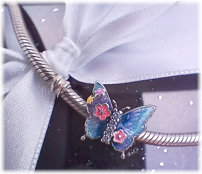 Charm 925er Sterling Silber mit Zirkonia blauer Schmetterling rosa Blüten